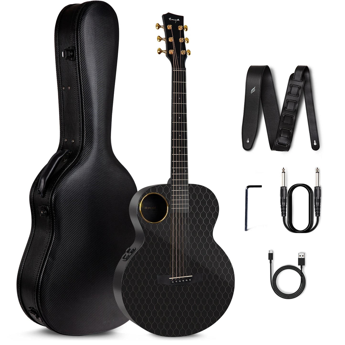 Enya X4 Pro Carbon Fiber Acoustic Electric Guitar with Hard Case, Leather Strap, USB Type-C Cable and Instrument