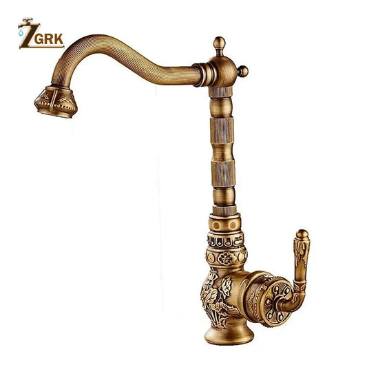 ZGRK Bathroom Basin Faucets Antique Brass Single Handle Hot Cold Mixer Taps Luxury Antique Deck Mounted Sink Mixer Tap