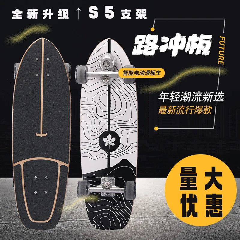 Maple Surfskate Longboard, Single Kick Carving Cruiser for Pumping & Street Riding