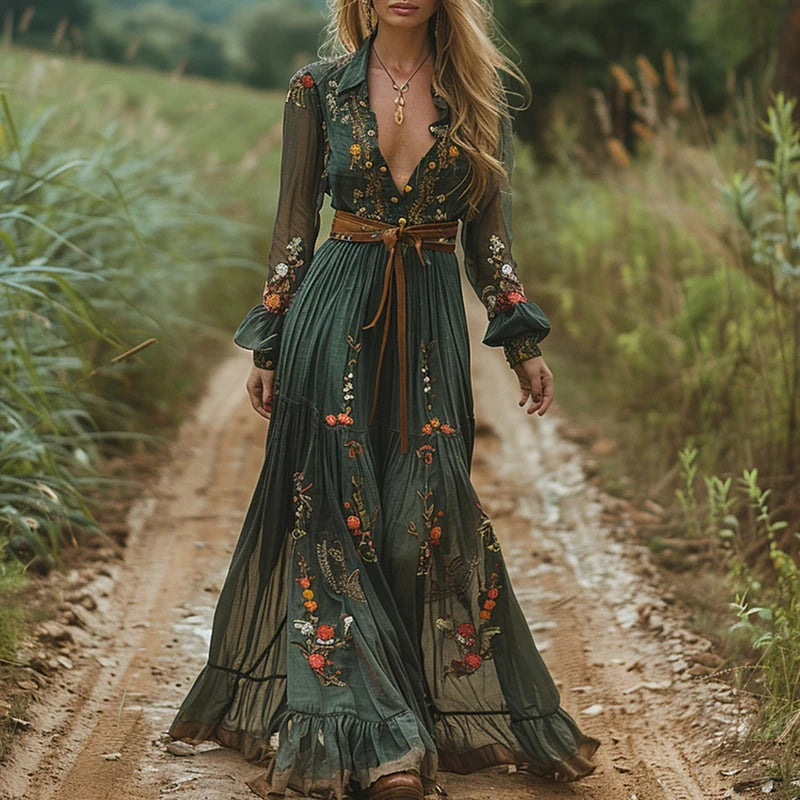 Retro Floral Boho Maxi Dress