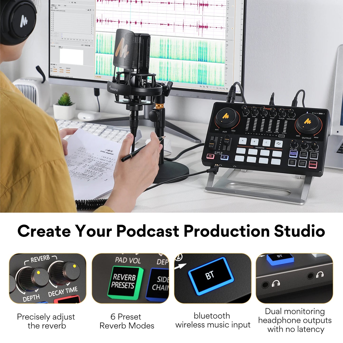 Maono AME2 Audio Interface Sound Card DJ Mixer | All in One Portable Podcast Studio for Recording,Live Streaming,Youtube,Guitar,PC