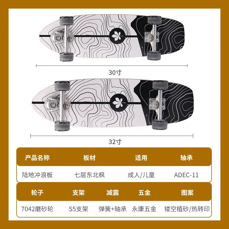 Maple Surfskate Longboard, Single Kick Carving Cruiser for Pumping & Street Riding
