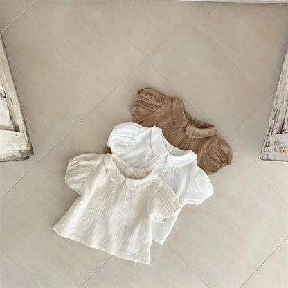 Baby Girl Solid Puff Sleeve Shirts Cotton Short Sleeve T Shirts