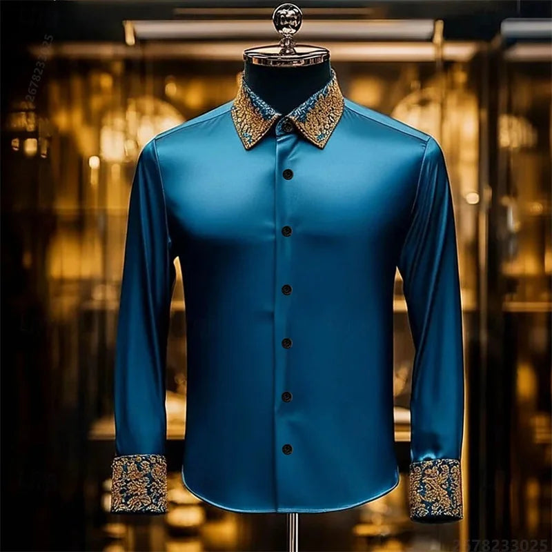 Men's Baroque Gold Pattern Slim Fit Dress Shirt - Sizes XS-6XL