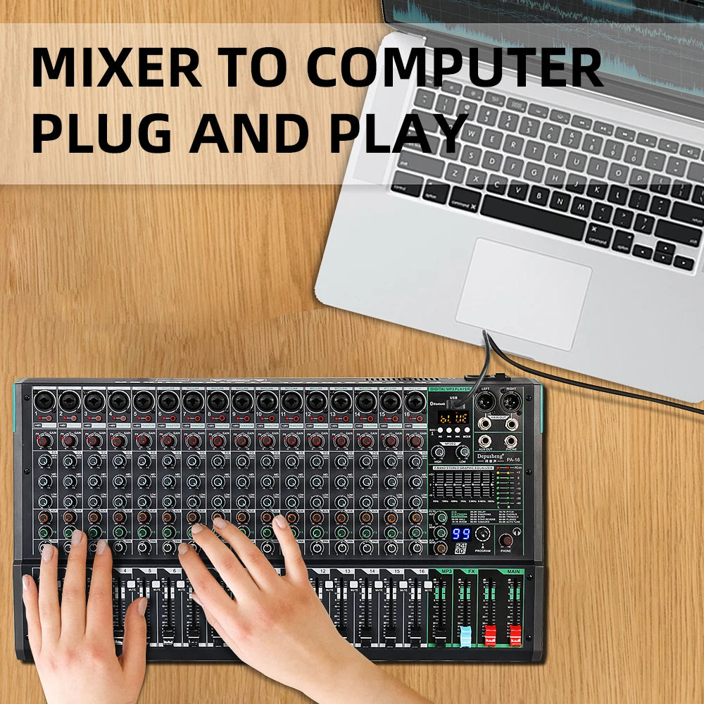 Professional DJ Audio Mixer - 16 Channel Digital 99 Reverb Effect | Sound Board Desk System Interface