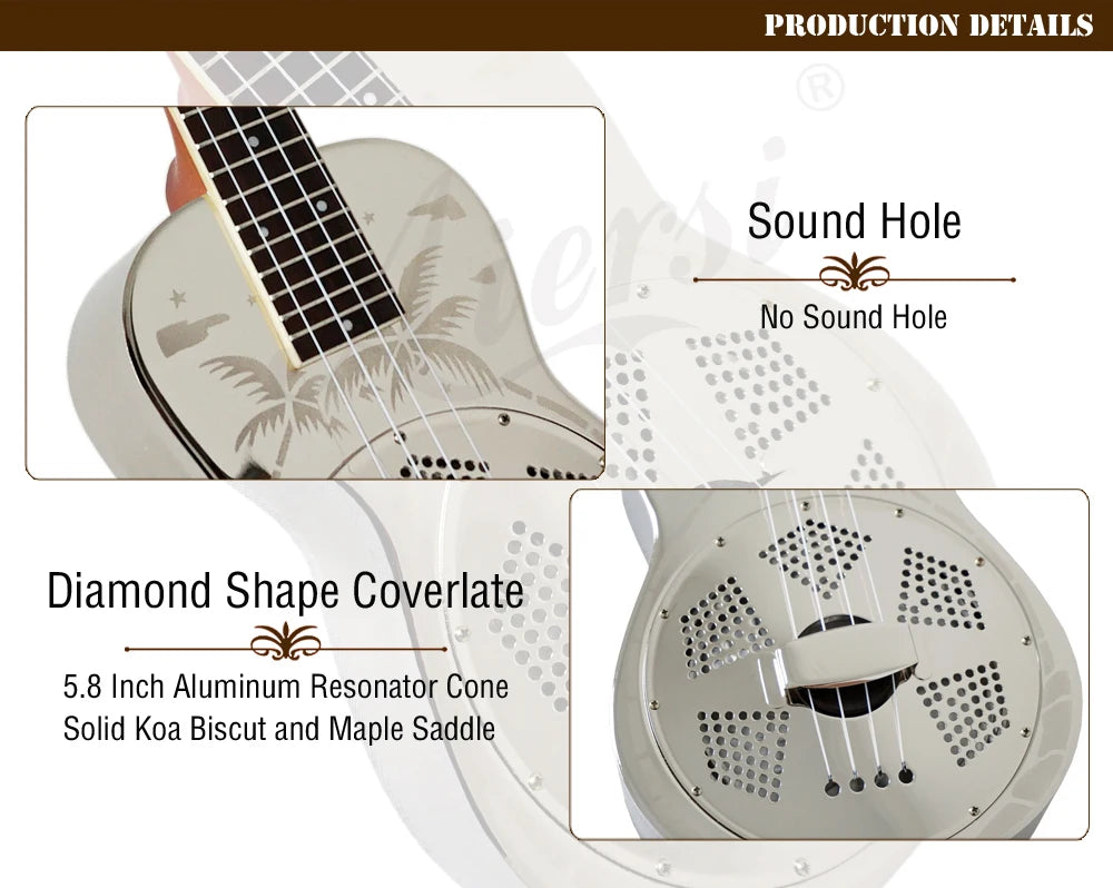 Aiersi Gloss Chrome Plate, Hawaii Tree Sandblasted Brass Body Concert Size Resonator Ukulele