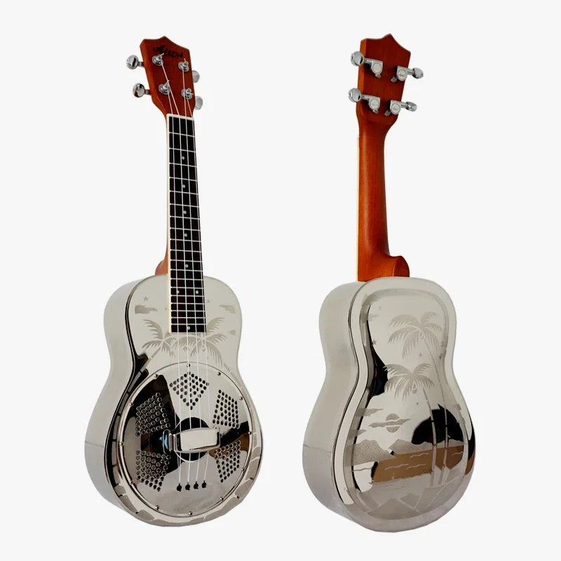 Aiersi Gloss Chrome Plate, Hawaii Tree Sandblasted Brass Body Concert Size Resonator Ukulele