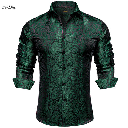 Men's Shirts Long Sleeve Silk Polyester Dress Shirts Luxury Tuxedo Turn Down Collar Social Paisley Shirt Men Clothing