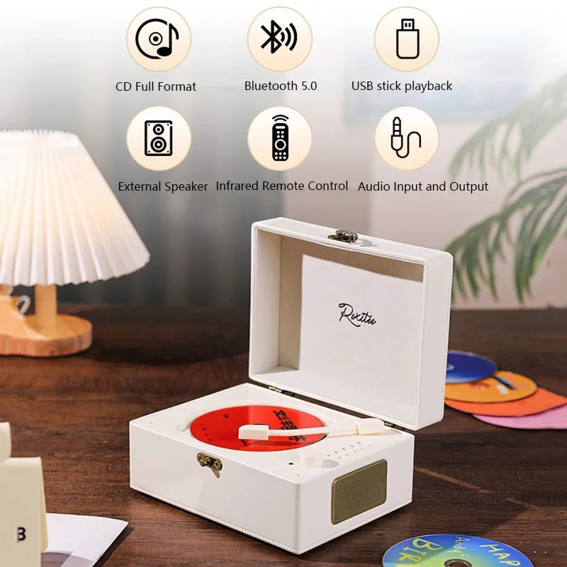 Portable Rechargeable Vintage Leather CD Player | Two-way Bluetooth 5.0 Built-in Speaker /USB Lossless Player