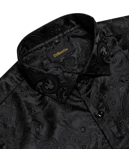 Men's Shirts Long Sleeve Silk Polyester Dress Shirts Luxury Tuxedo Turn Down Collar Social Paisley Shirt Men Clothing