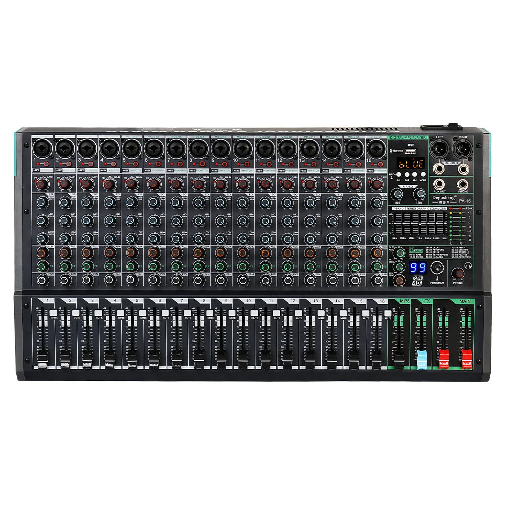 Professional DJ Audio Mixer - 16 Channel Digital 99 Reverb Effect | Sound Board Desk System Interface