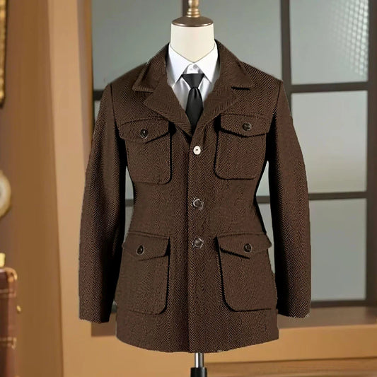 Hunting jacket British Men's Retro Multi-pocket Sport Coat With Belt Herringbone Business Causal Lapel Suit Blazers Tuxedos