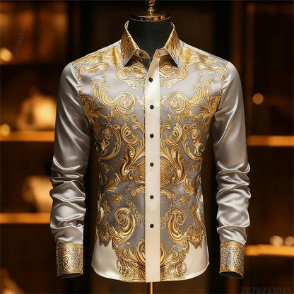 Men's Baroque Gold Pattern Slim Fit Dress Shirt - Sizes XS-6XL