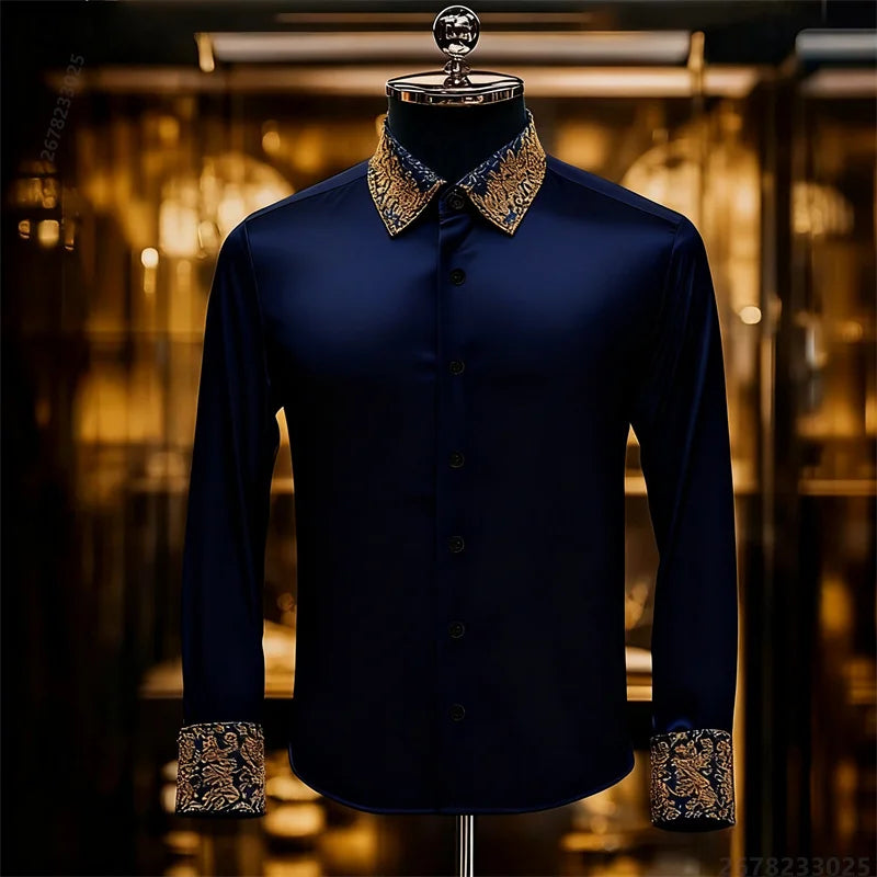 Men's Baroque Gold Pattern Slim Fit Dress Shirt - Sizes XS-6XL