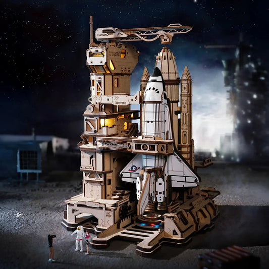 Mechanical Building Set STEM Project | Moving Rocket Launch Tower with Lights 3D Wooden Puzzle