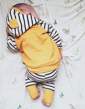 Yellow Long Sleeve Hoodie and Striped Pants Set for Kids