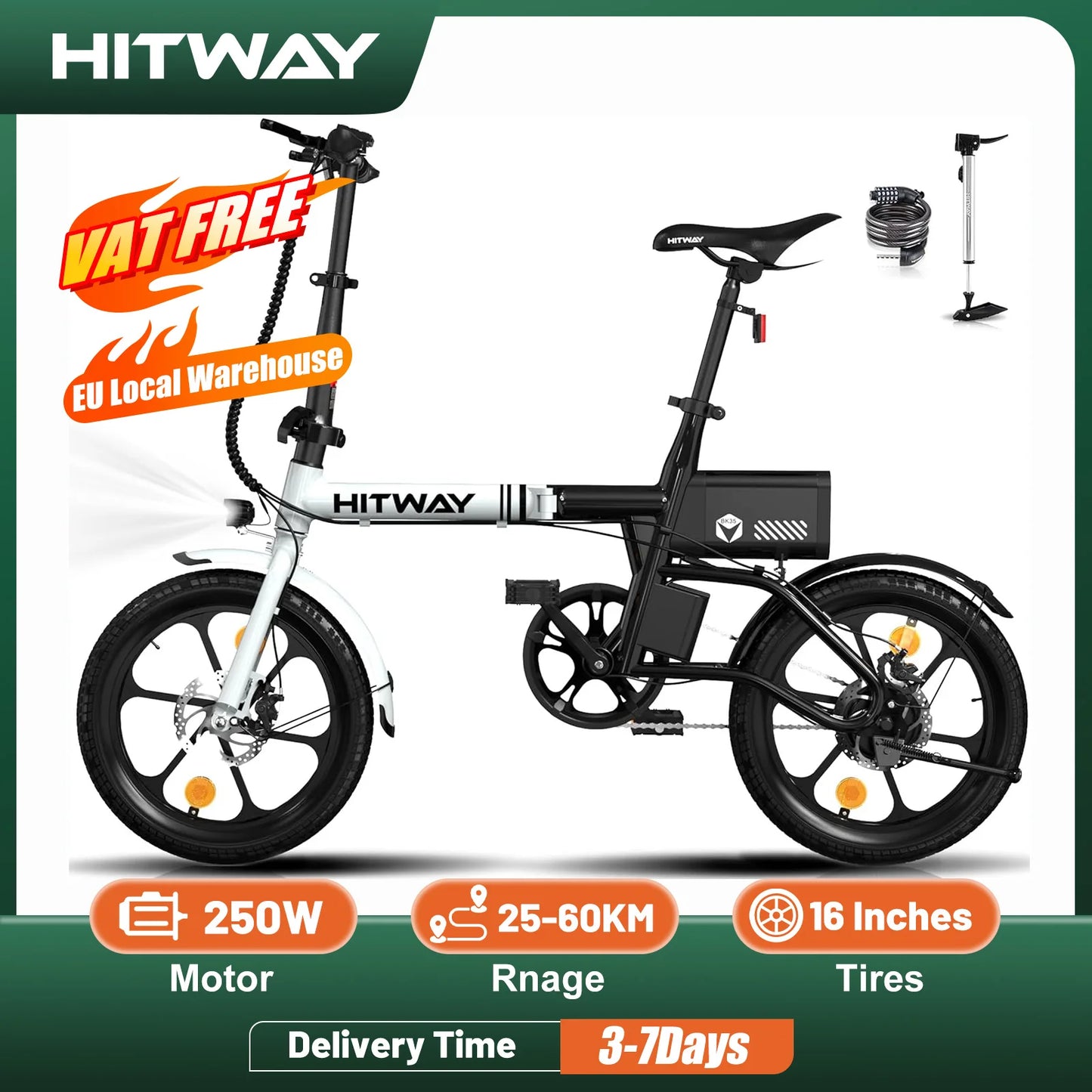 HITWAY 16” 250W City E-Bike | Max.Range 25-60KM