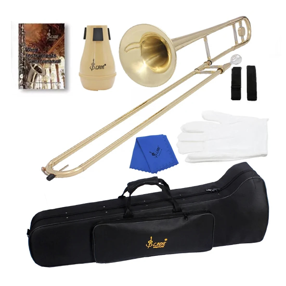 SLADE Bb Flat Gold Brass Plated Alto Trombone - Instrument with Mouthpiece Gloves Cleaning kit Beginner Students