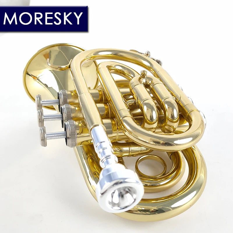 MORESKY Mini Pocket Trumpet Bb Flat Brass Wind Instrument with Mouthpiece Gloves Cleaning Cloth Carrying Case MPT-101