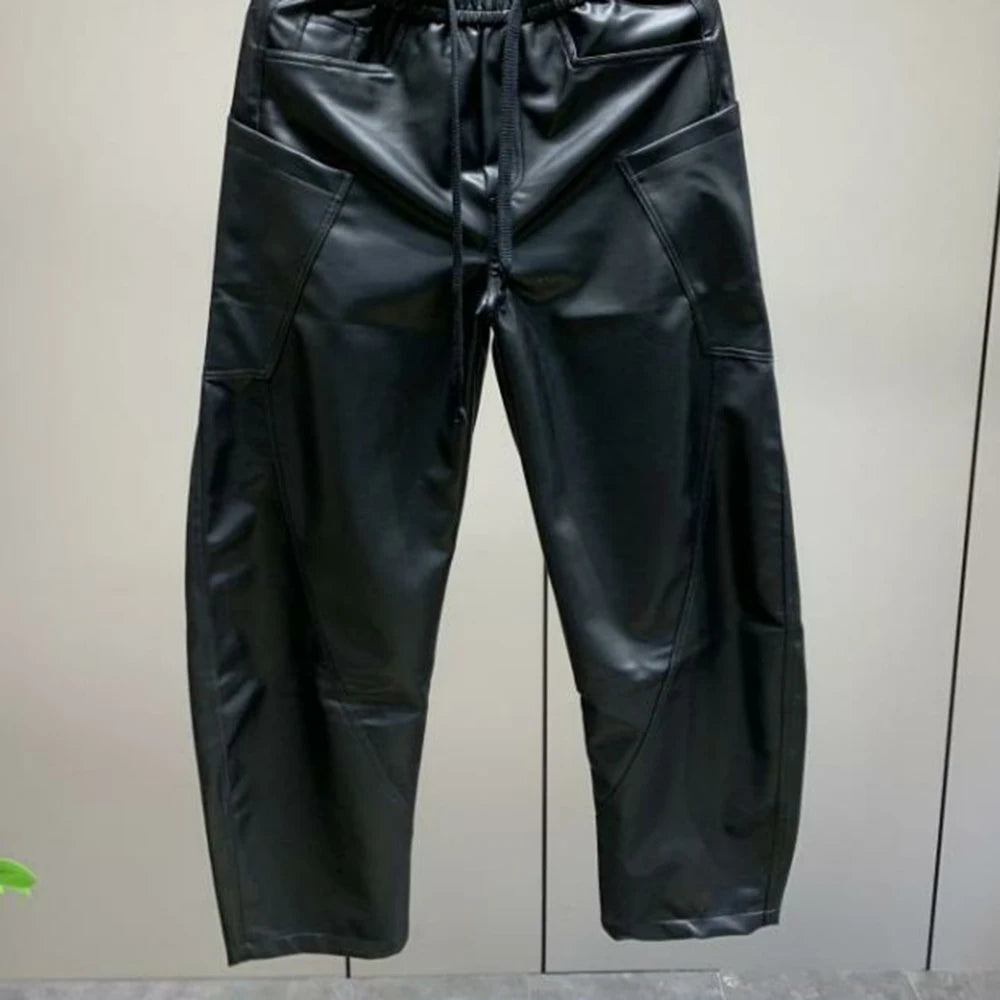 Mens Multi-Pocket Pu Pants Streetwear Casual Pants