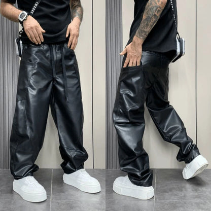 Mens Multi-Pocket Pu Pants Streetwear Casual Pants