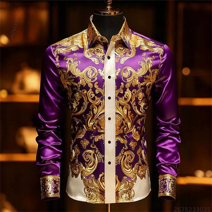 Men's Baroque Gold Pattern Slim Fit Dress Shirt - Sizes XS-6XL