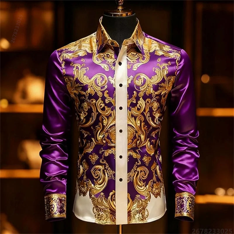 Men's Baroque Gold Pattern Slim Fit Dress Shirt - Sizes XS-6XL