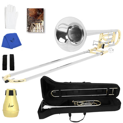 SLADE Bb Tone Tenor Trombone Brass Plated Trombone with Silver and Gold Dual Tone (Silver Horn) Mouthpiece Gloves Cleaning kit