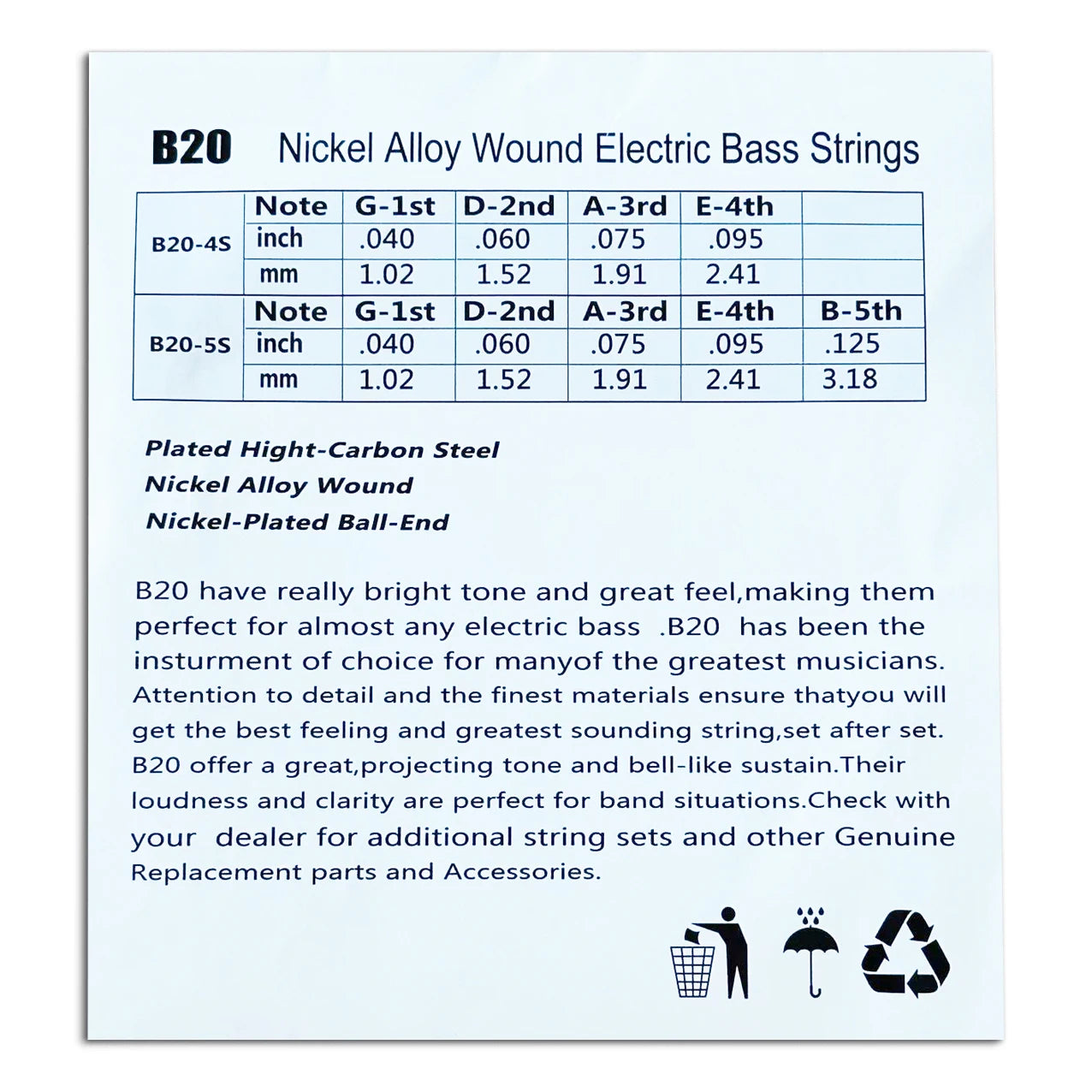 B20 Nickel Alloy Wound Electric Bass Strings Set - (40-95/40-125)
