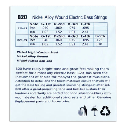 B20 Nickel Alloy Wound Electric Bass Strings Set - (40-95/40-125)