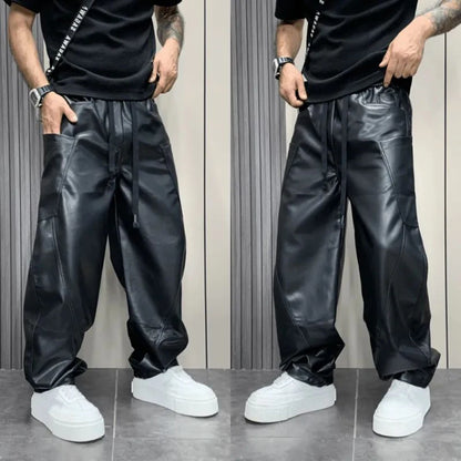 Mens Multi-Pocket Pu Pants Streetwear Casual Pants