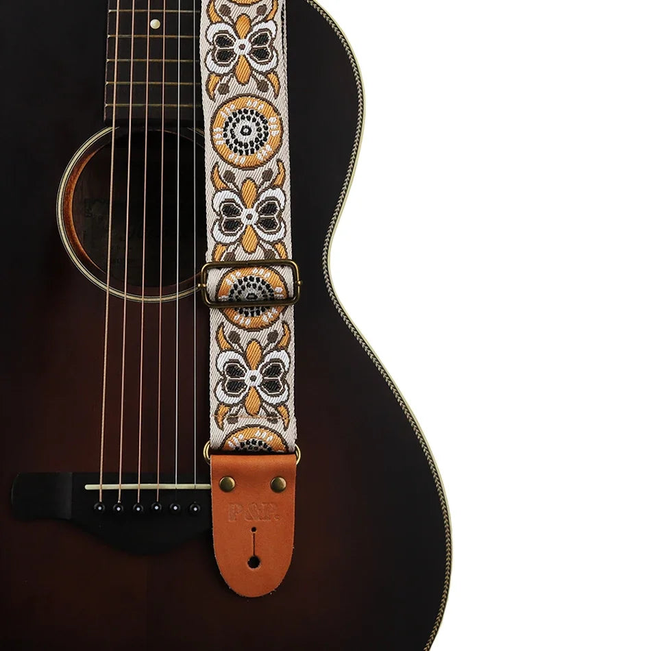P&P Adjustable Embroidered Guitar Strap with Leather End