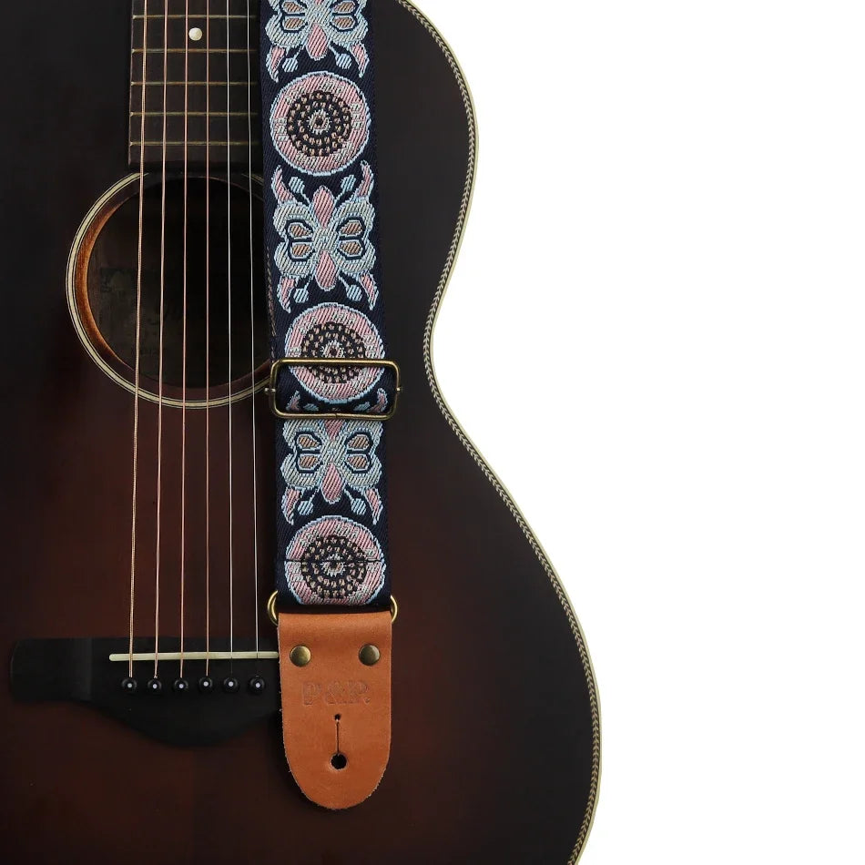 P&P Adjustable Embroidered Guitar Strap with Leather End
