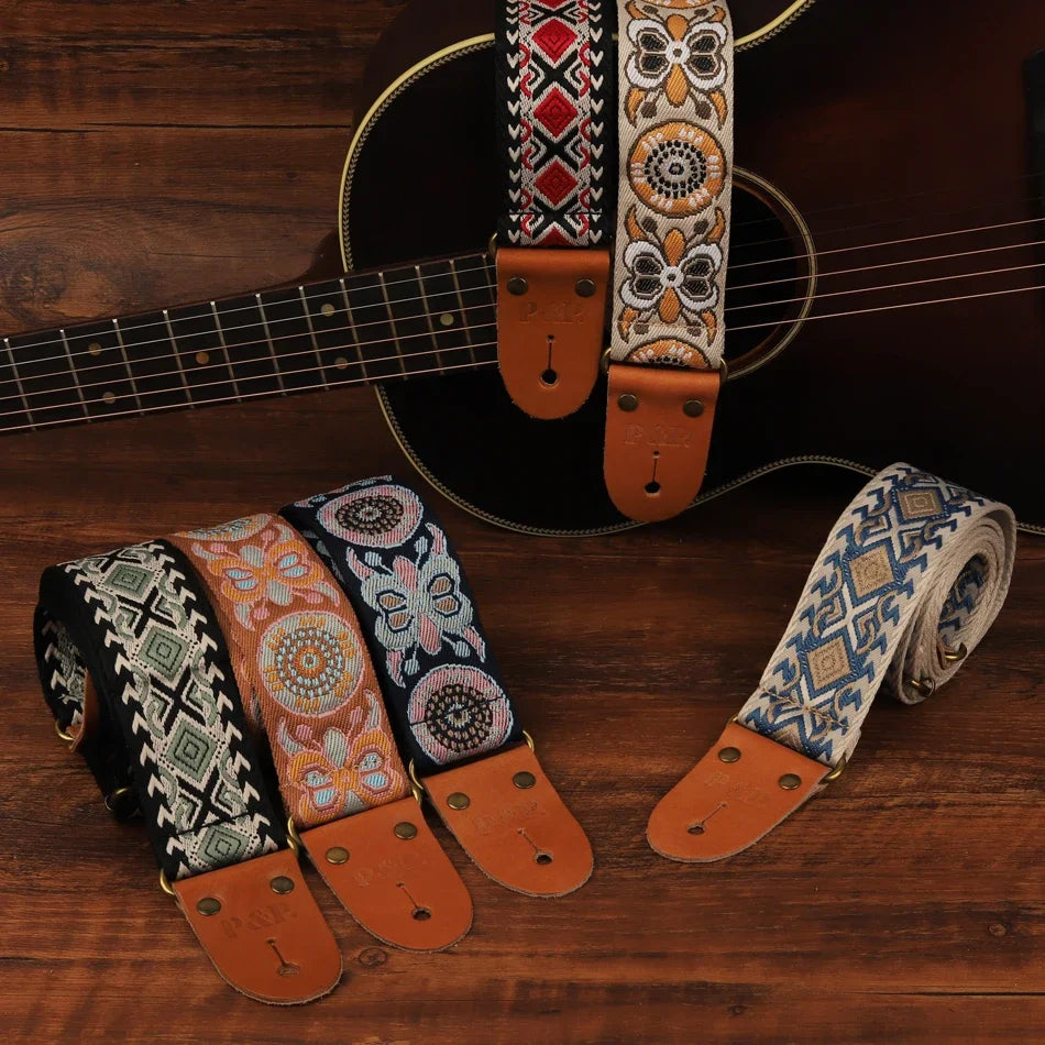 P&P Adjustable Embroidered Guitar Strap with Leather End