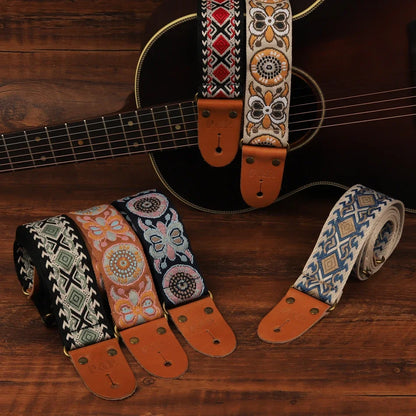P&P Adjustable Embroidered Guitar Strap with Leather End