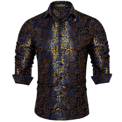 Men's Shirts Long Sleeve Silk Polyester Dress Shirts Luxury Tuxedo Turn Down Collar Social Paisley Shirt Men Clothing
