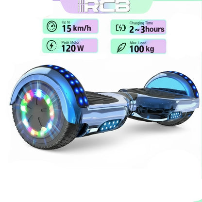 Hoverboard with colorful LED lights and smartphone app, displayed against a colorful background with RCB branding.