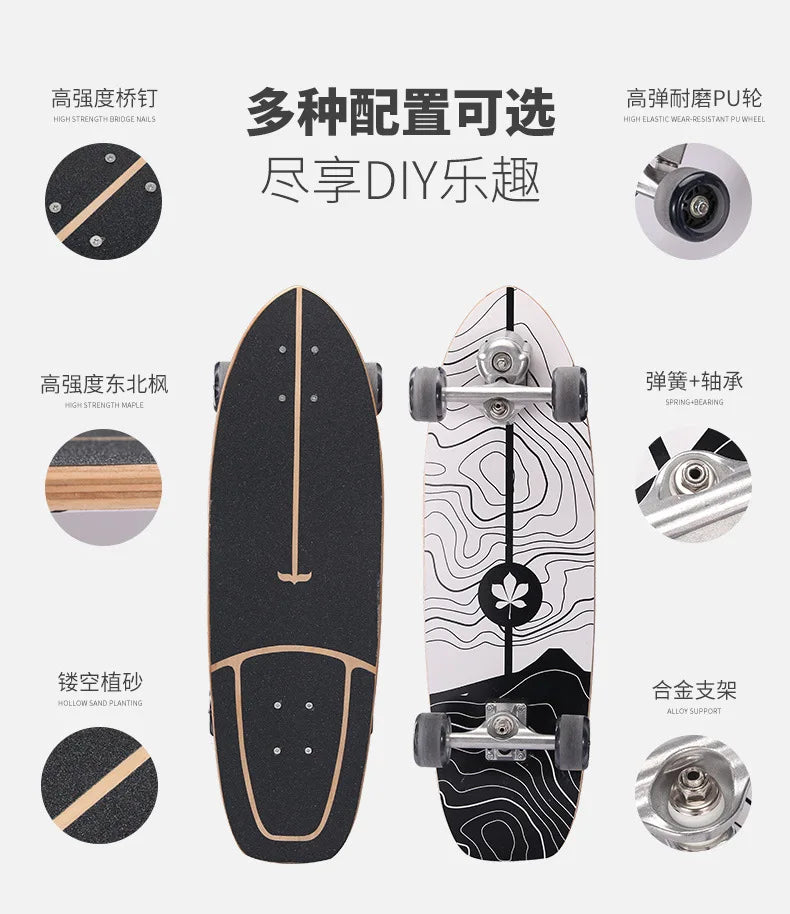 Maple Surfskate Longboard, Single Kick Carving Cruiser for Pumping & Street Riding