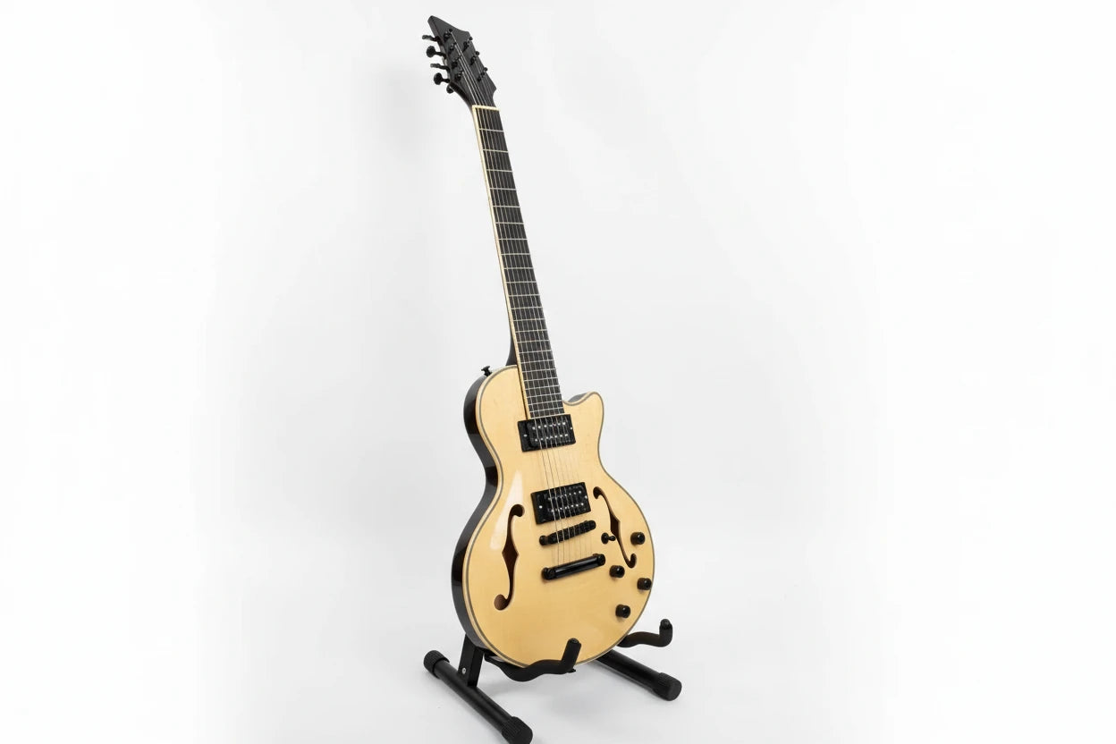 Semi-Hollow Body 7 String Electric Guitar – Flame Maple Veneer, F Holes, Maple Neck, 22 Frets, Vintage Sunburst Finish