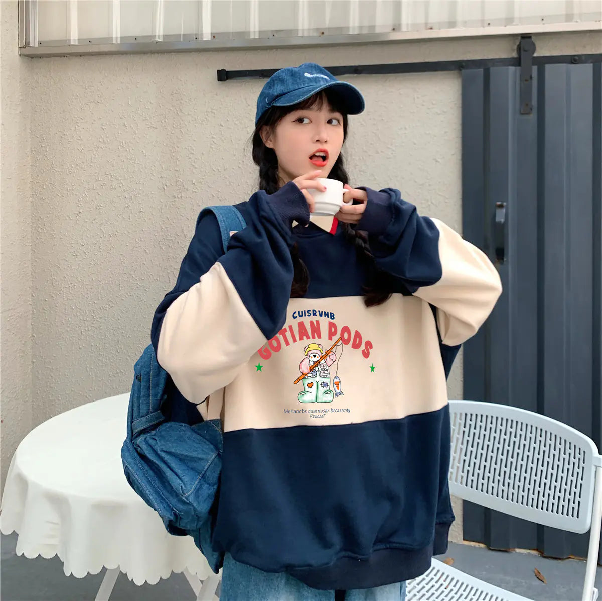 Retro Bear Print Cotton Sweater