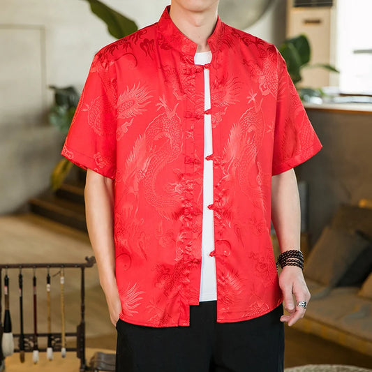 Men's Retro Mandarin Collar Short Sleeve Shirt
