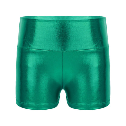 Kids Metallic Shiny High Waist Dance Shorts - Girls