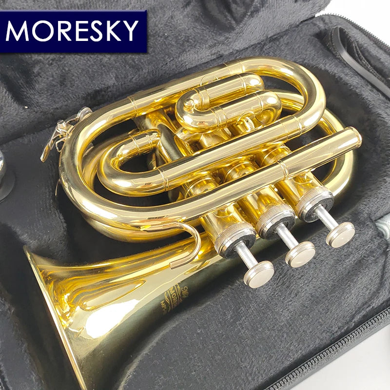 MORESKY Mini Pocket Trumpet Bb Flat Brass Wind Instrument with Mouthpiece Gloves Cleaning Cloth Carrying Case MPT-101