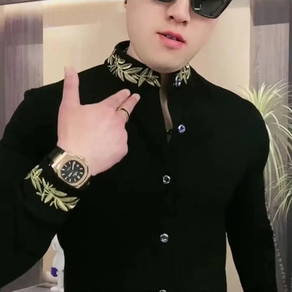 Casual Ethnic Style Men's Fashionable Slim Fit Long Sleeved Sweatshirt Black Trendy Versatile Small Stand Up Collar Shirt