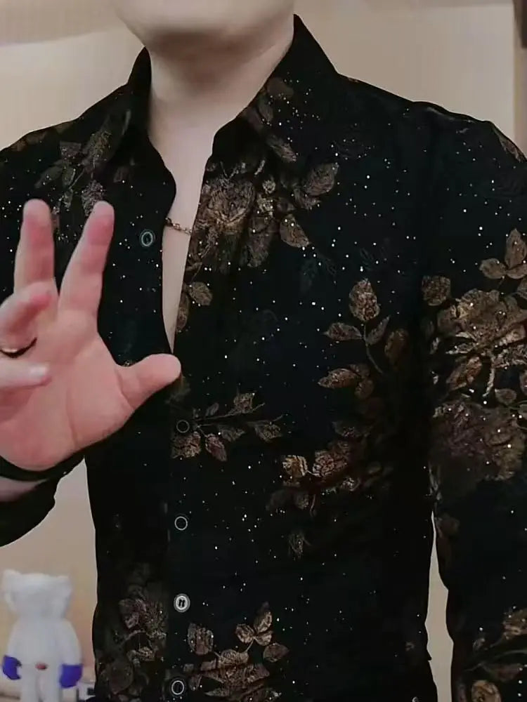 Men's Shirt with Long Sleeves Autumn and Winter Fashion Lapel Trendy Handsome Print Casual Slim Body