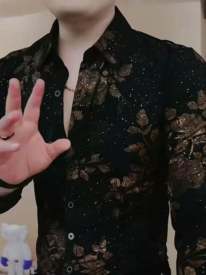 Men's Shirt with Long Sleeves Autumn and Winter Fashion Lapel Trendy Handsome Print Casual Slim Body