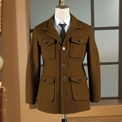 Hunting jacket British Men's Retro Multi-pocket Sport Coat With Belt Herringbone Business Causal Lapel Suit Blazers Tuxedos