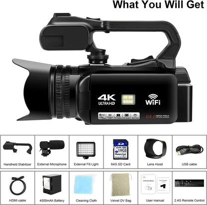WIFI Camcorder | 4K Video Camera 64MP 60FPS HD Auto Focus, 4.0" Touch Screen 18X Zoom | Vlogging/ Live Streaming