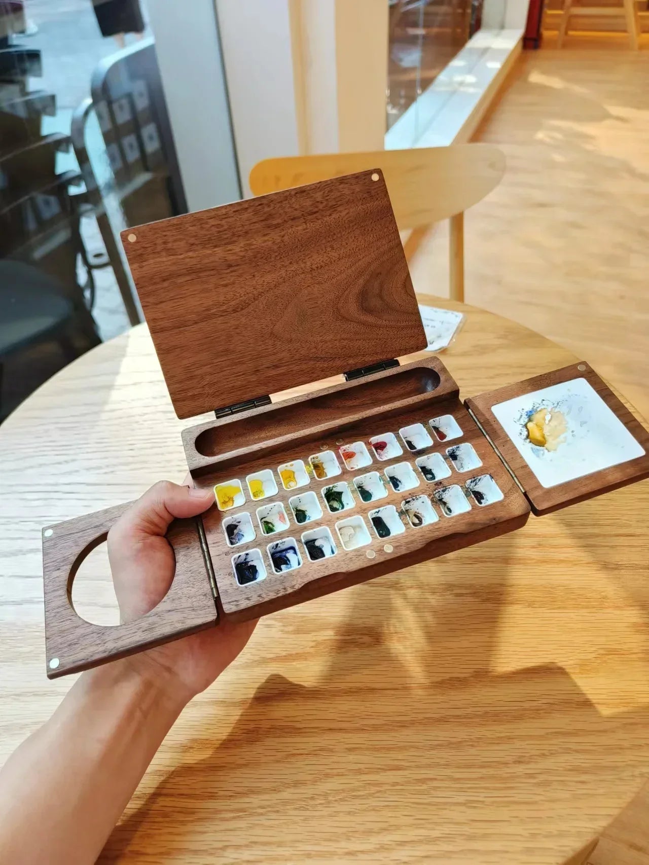 Wooden Foldable Watercolor Drawing Board Travel Portable 24-color Paint Dispense Box Hand-painted Graffiti Dye Palette Art Tools