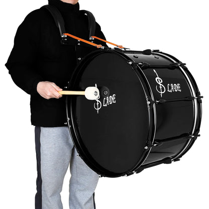 22" Black Marching Drum | Metal+Solid Wood Marching Drum Set with Stand Shoulder Strap